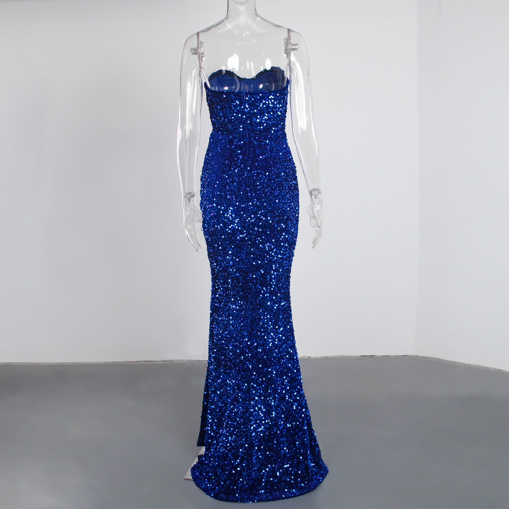 Strapless Sequin Floor Length Slit Dresses