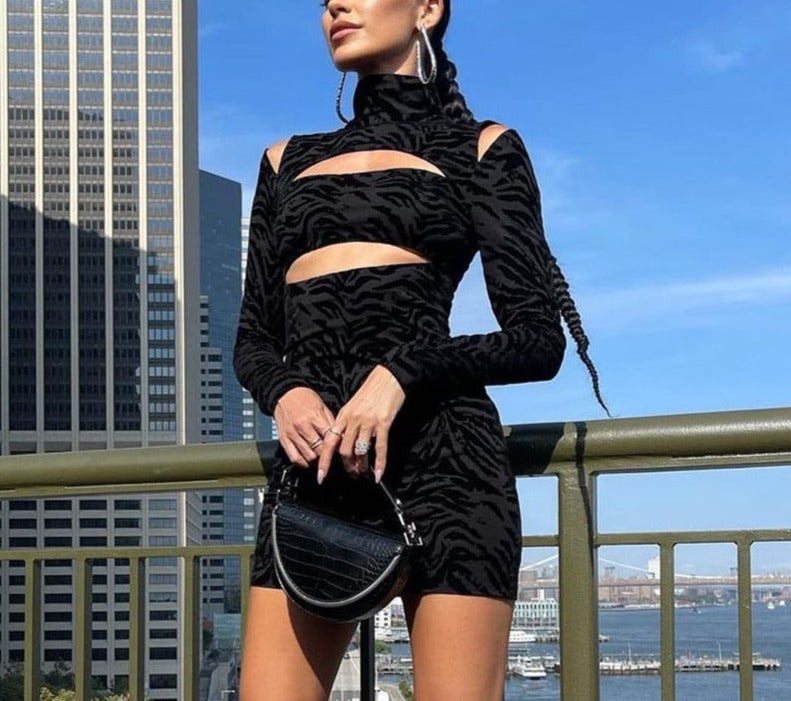 Black Animal Print Long Sleeve Turtleneck Dress