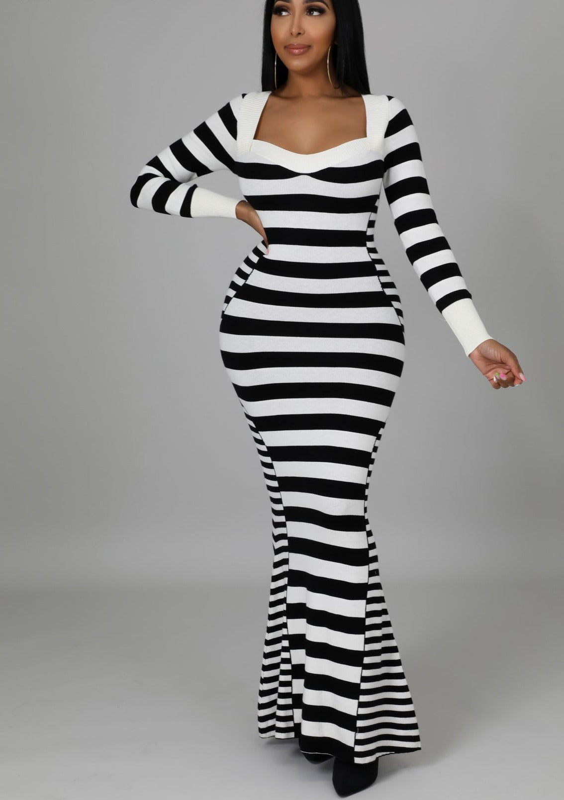 Striped V Long Sleeve Mermaid Maxi Dress