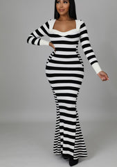 Striped V Long Sleeve Mermaid Maxi Dress