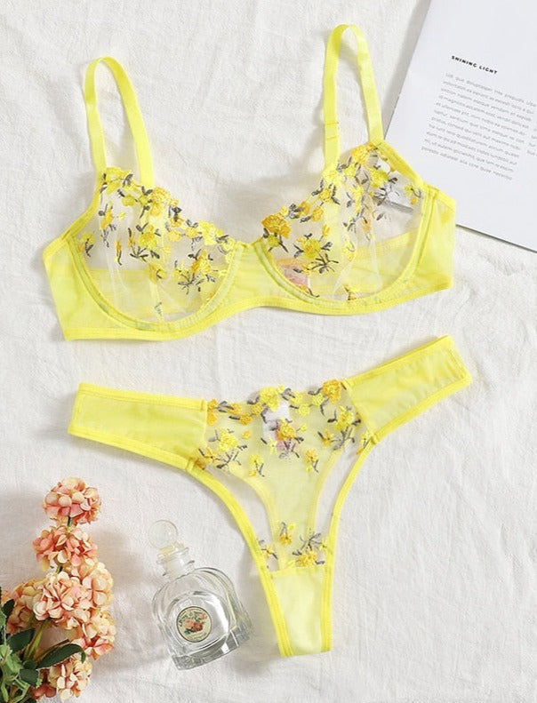 Floral Embroidery Transparent Lace 2 Piece Set