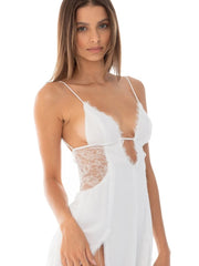 Lace Deep Neck Back Tie Short Slip Dress