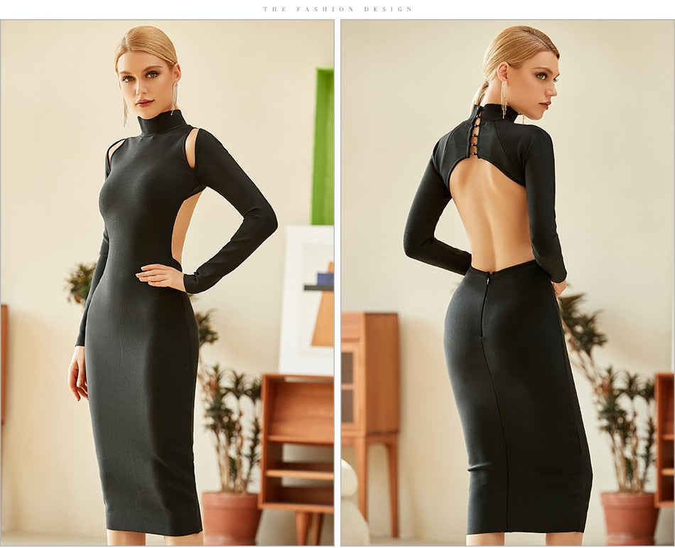 Black Long Sleeve Backless Hollow Shoulders Bandage Dresses