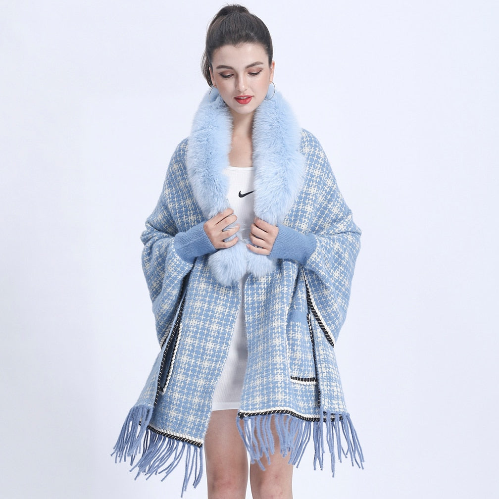 Real Fur Plaid Wool Tassel Ponchos