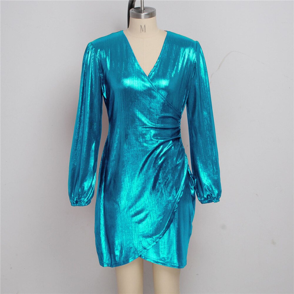 Glitter Metallic V-Neck Wrap Mini Dresses