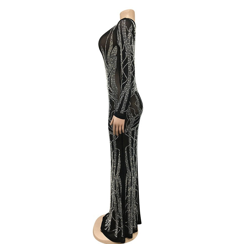 Black Deep V Mesh Crystal Beads Maxi Dress