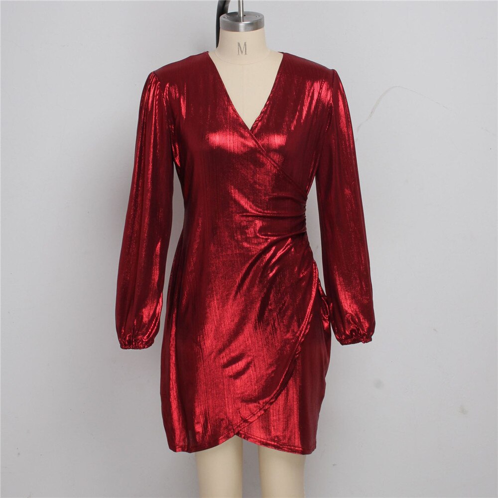 Glitter Metallic V-Neck Wrap Mini Dresses