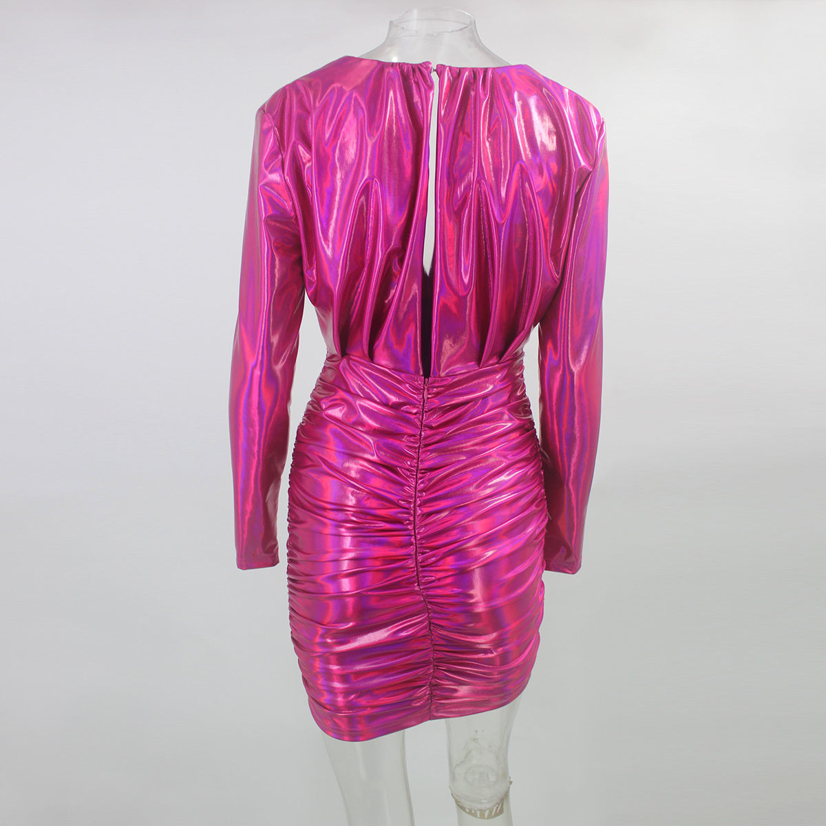 Shiny Purple Deep V Long Sleeve Pleated Bodycon Mini Dress