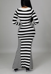 Striped V Long Sleeve Mermaid Maxi Dress