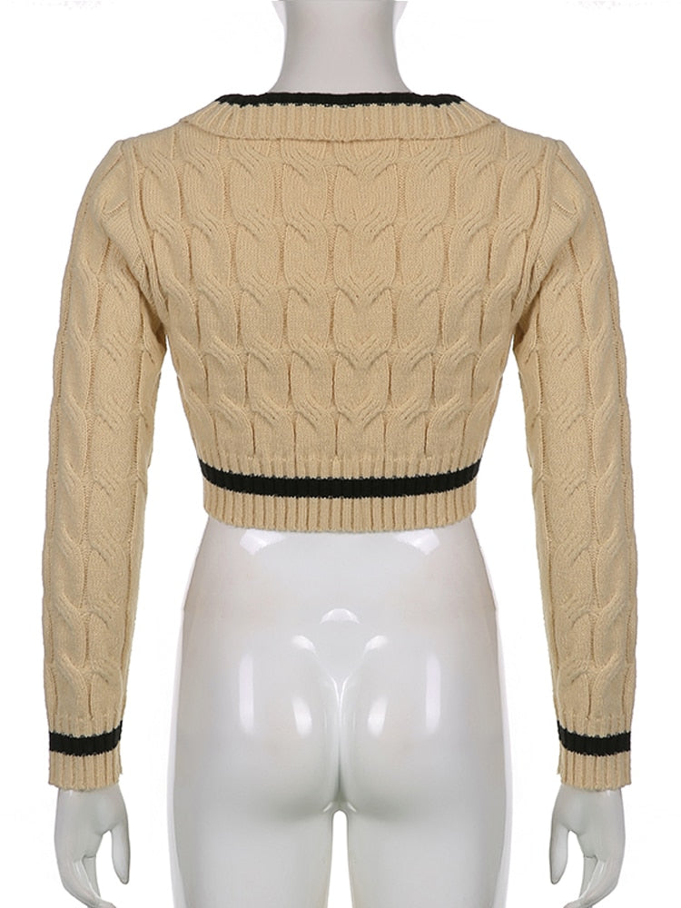 Cabel Knit V-neck Long Sleeve Crop Top