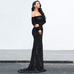 Off Shoulder Sequin Trumpet Maxi Dresses