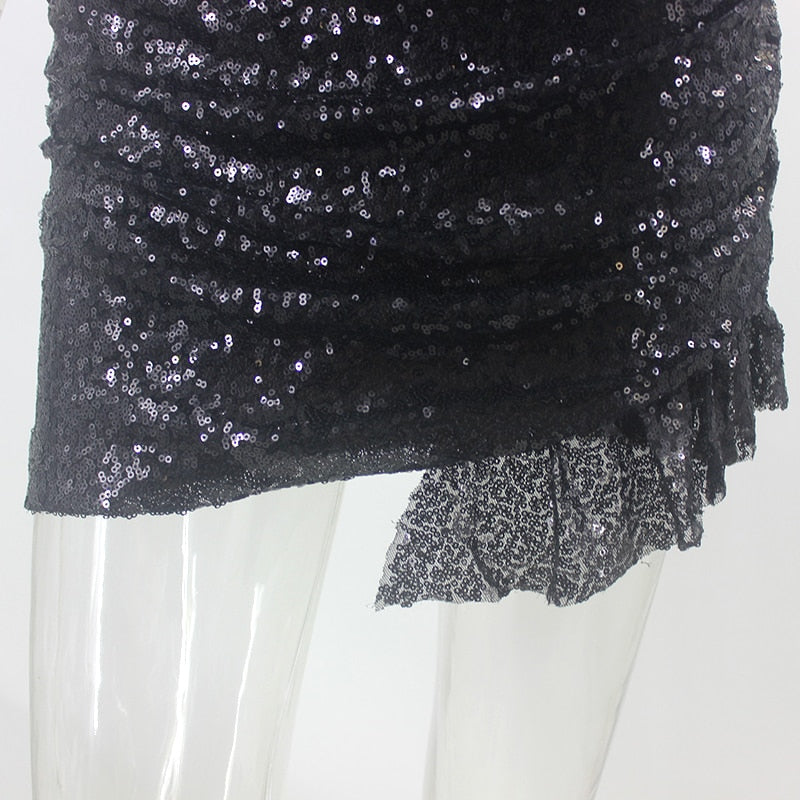 Black Sequin Off Shoulder Bodycon Split Mini Dress