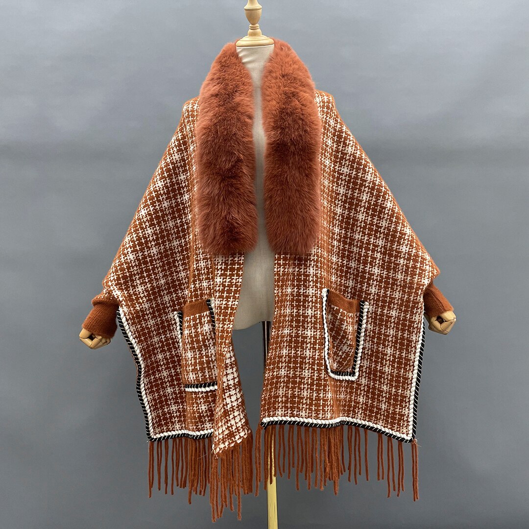 Real Fur Plaid Wool Tassel Ponchos