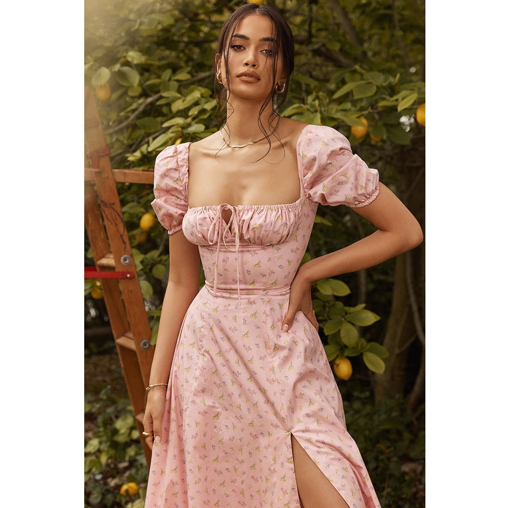 Floral Puff Sleeve Front Tie Midi Slit Dress