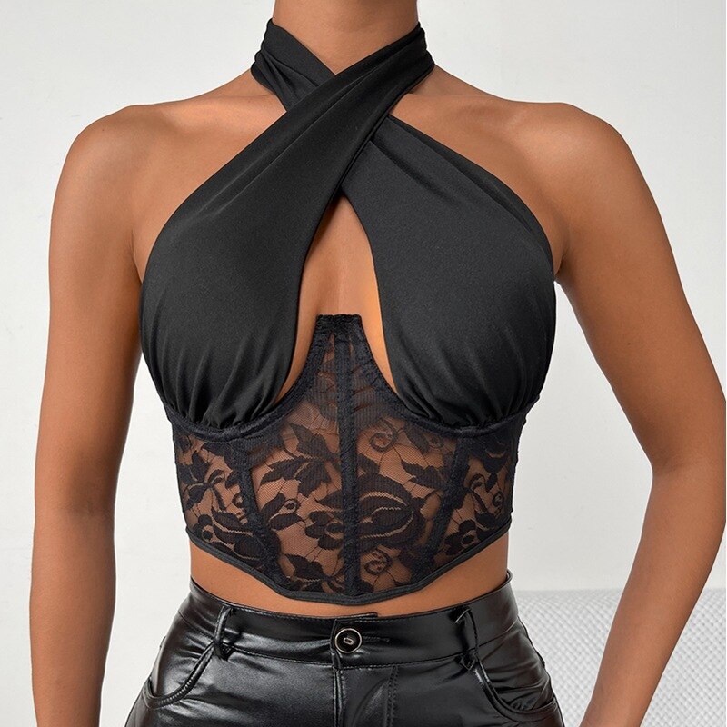 Lace Cross Halter Bandage Top