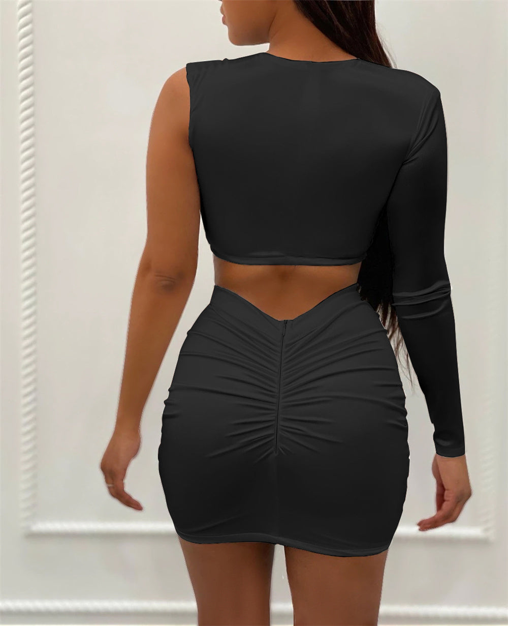 Mesh Hollow One Shoulder Crop & Bandage Mini Skirts