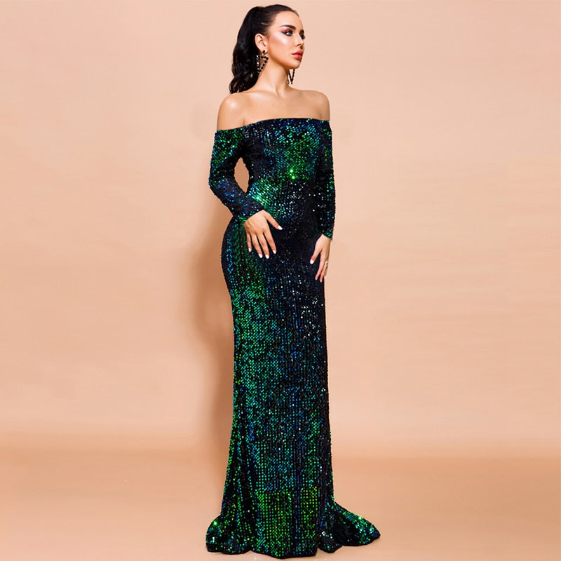 Off Shoulder Sequin Trumpet Maxi Dresses