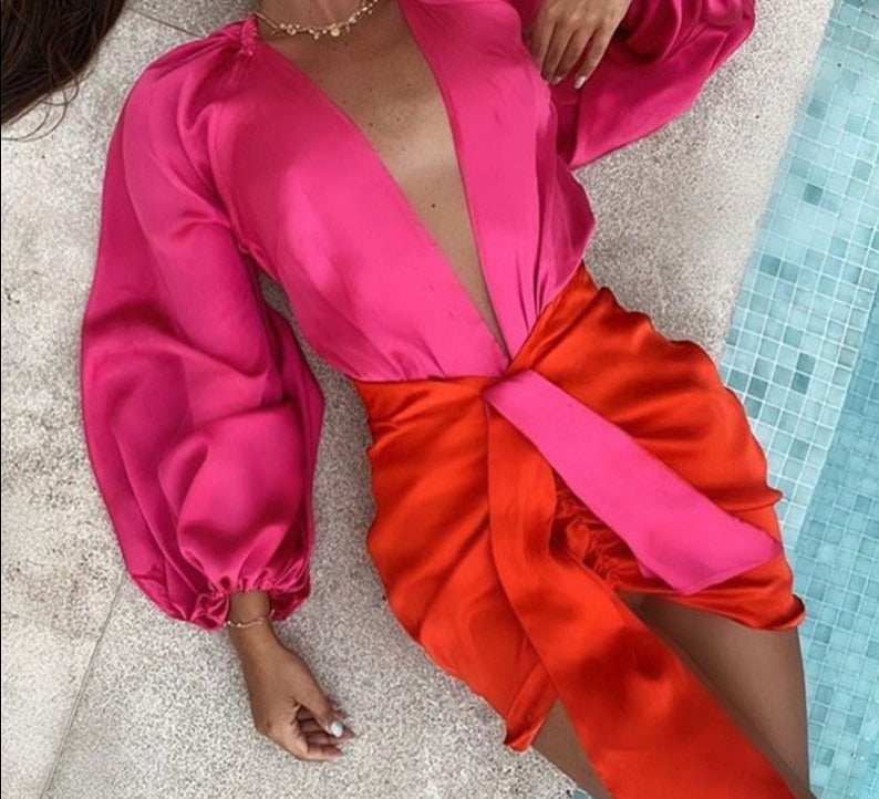 Satin Long Sleeve Deep V-neck Draped Skirt Two Piece Set