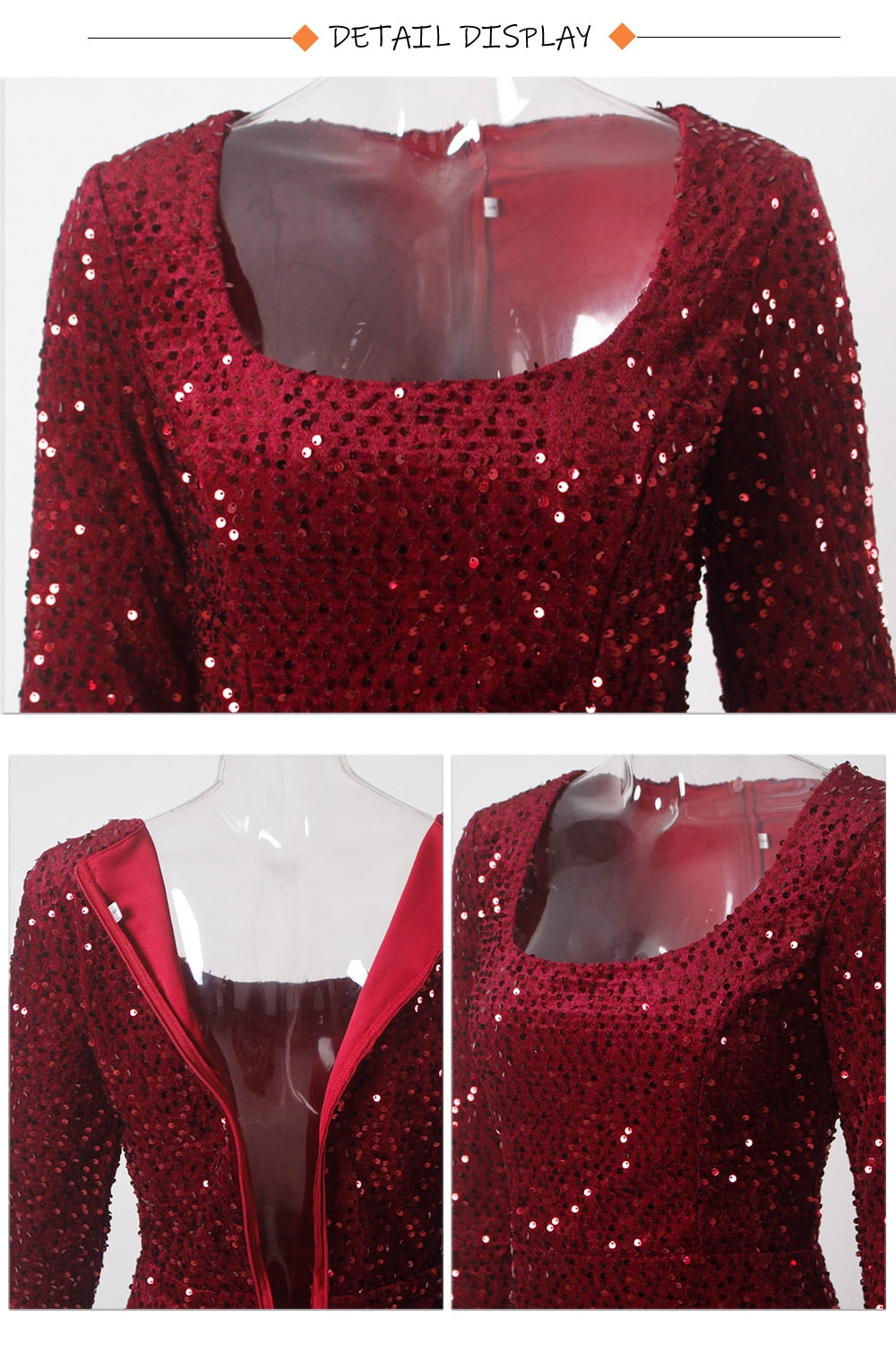 Burgundy Long Sleeve Sequin Floor-Length Dress