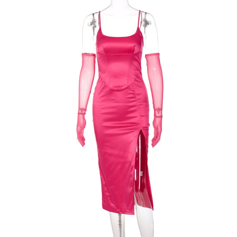 Satin High Slit Midi Dress With Mesh Gloves