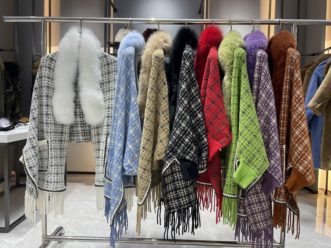 Real Fur Plaid Wool Tassel Ponchos