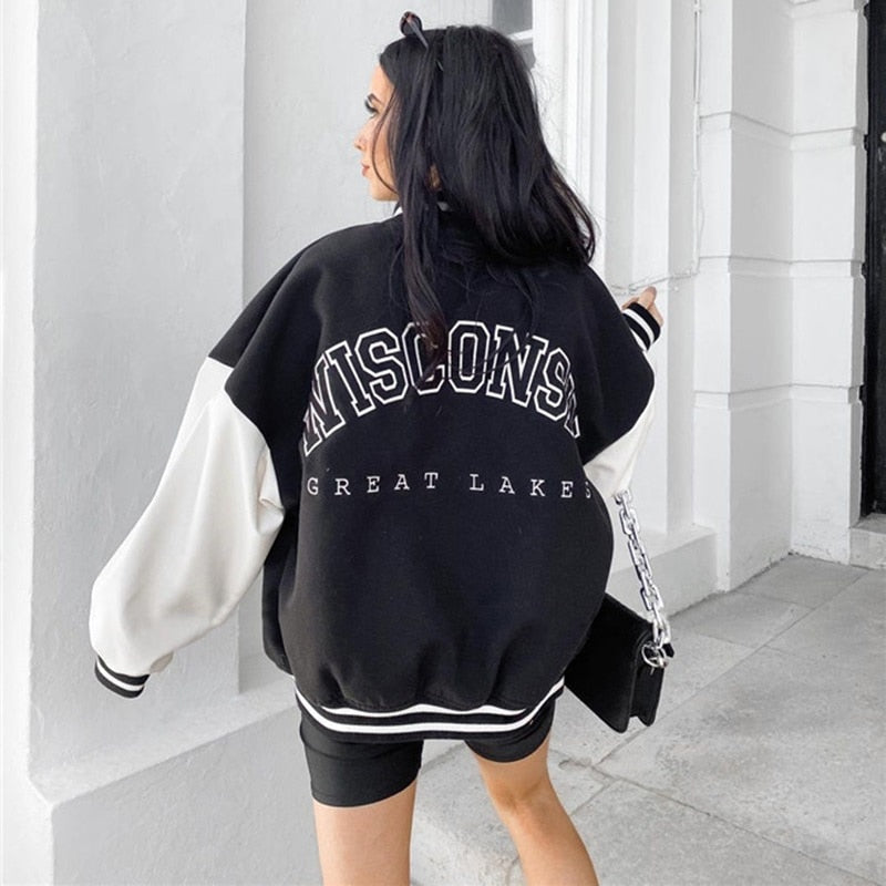 Black Embroidery Baseball Jacket With White Sleeves