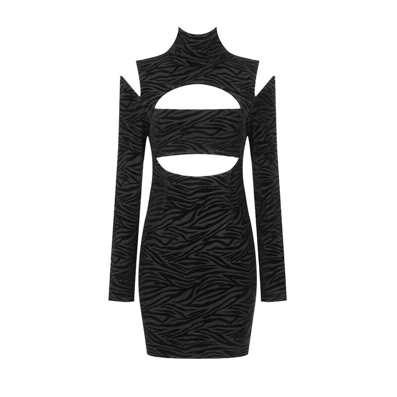 Black Animal Print Long Sleeve Turtleneck Dress