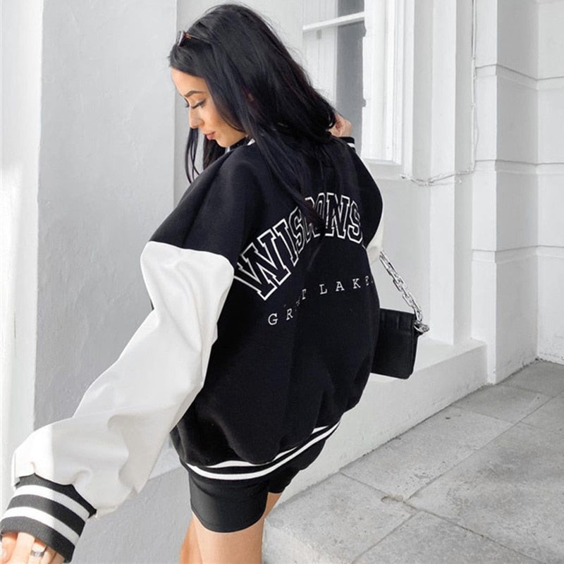 Black Embroidery Baseball Jacket With White Sleeves