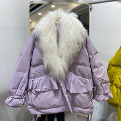 White Duck Down Puffer Coats Real Long Curl Shearling Fur Collar