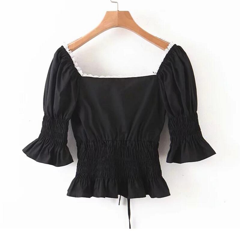 Black Elastic Puff Sleeve Button Lace Trim Crop Top