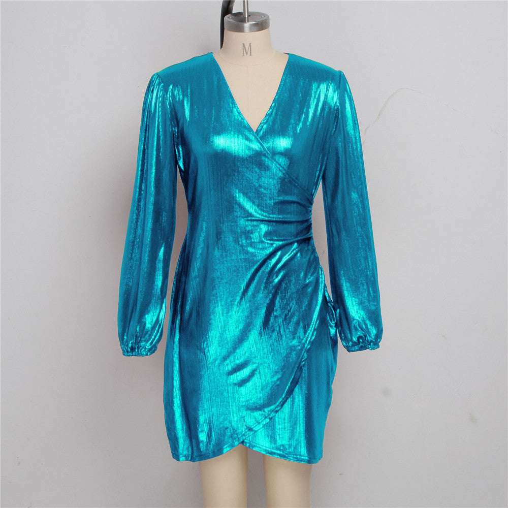 Glitter Metallic V-Neck Wrap Mini Dresses