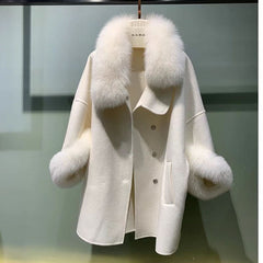 Cashmere Real Fox Fur Collar Loose Wool Coats