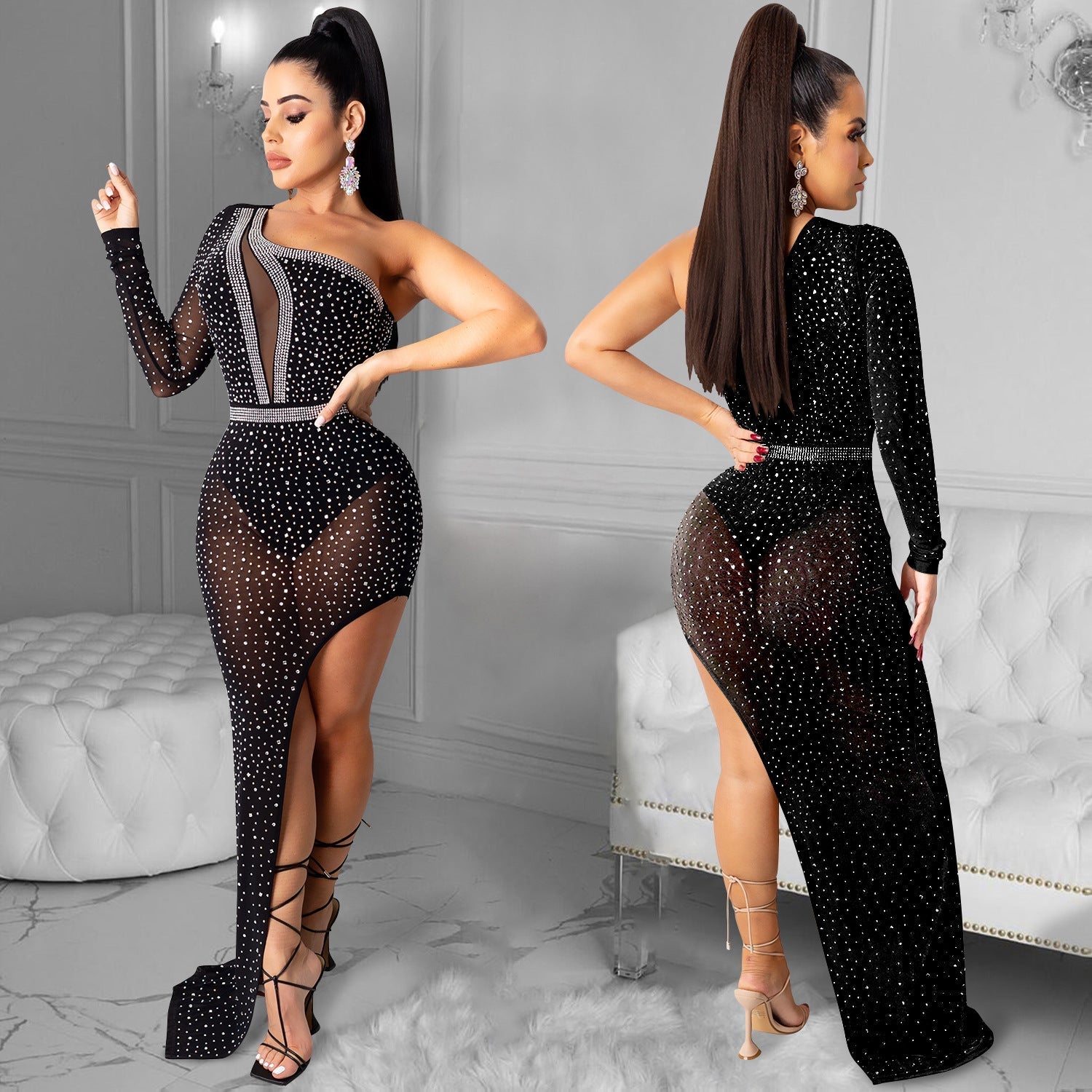 One Shoulder Mesh One Leg High Split Dresses