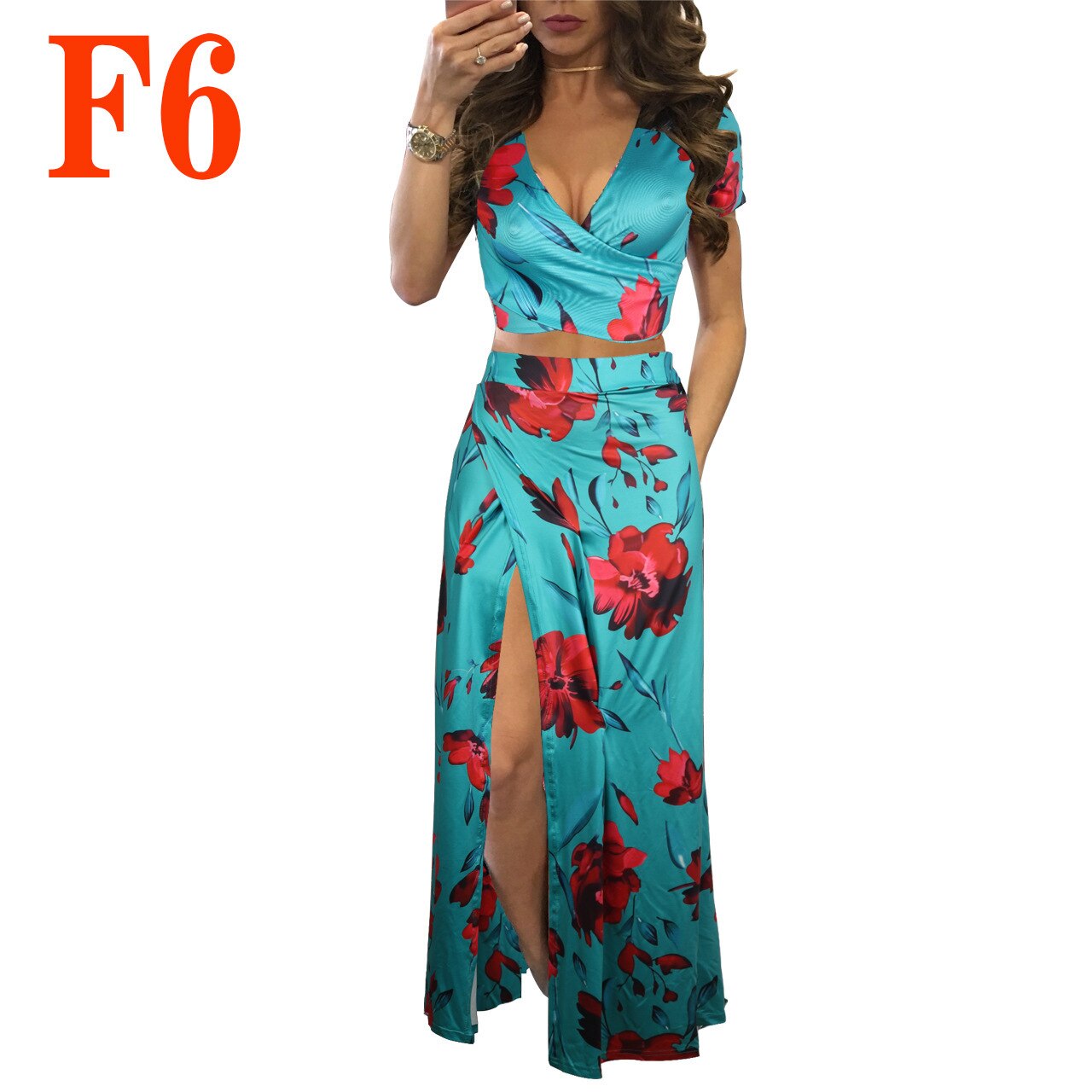 Floral Print Crop Top & Split Long Skirts