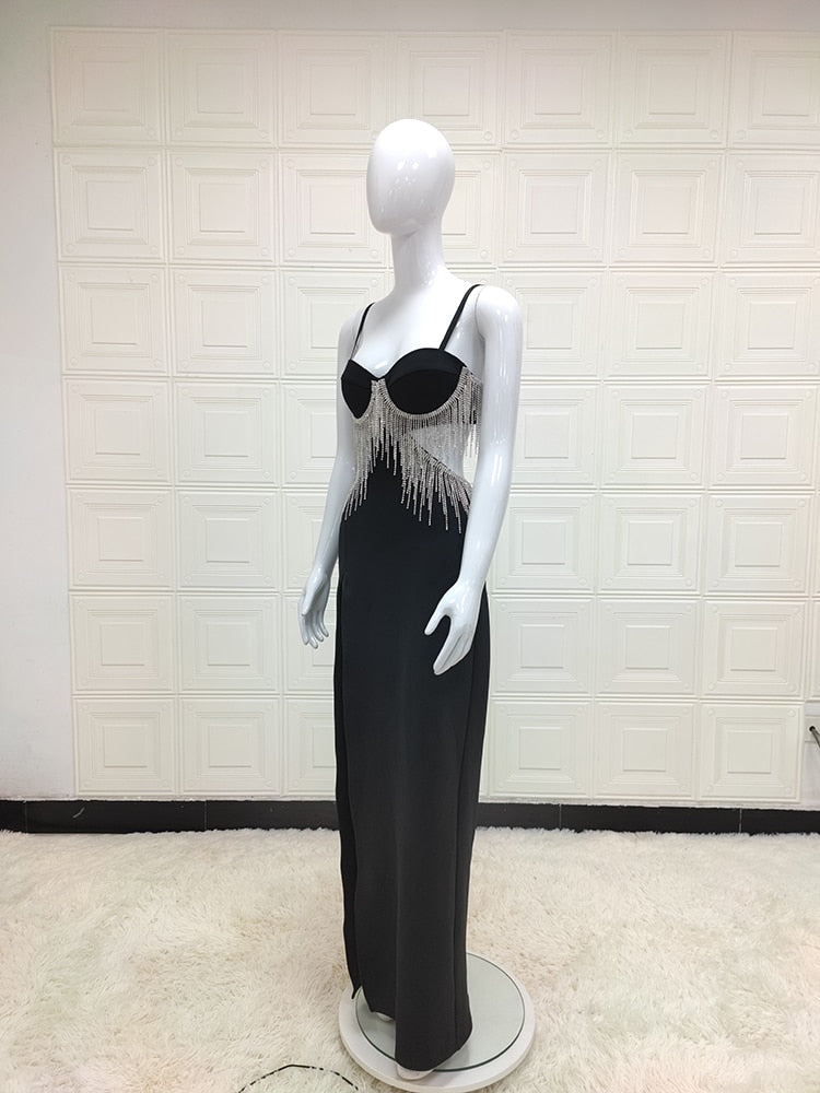 Black Cupped Cut-Out Rhinestone Tassel Maxi Dress