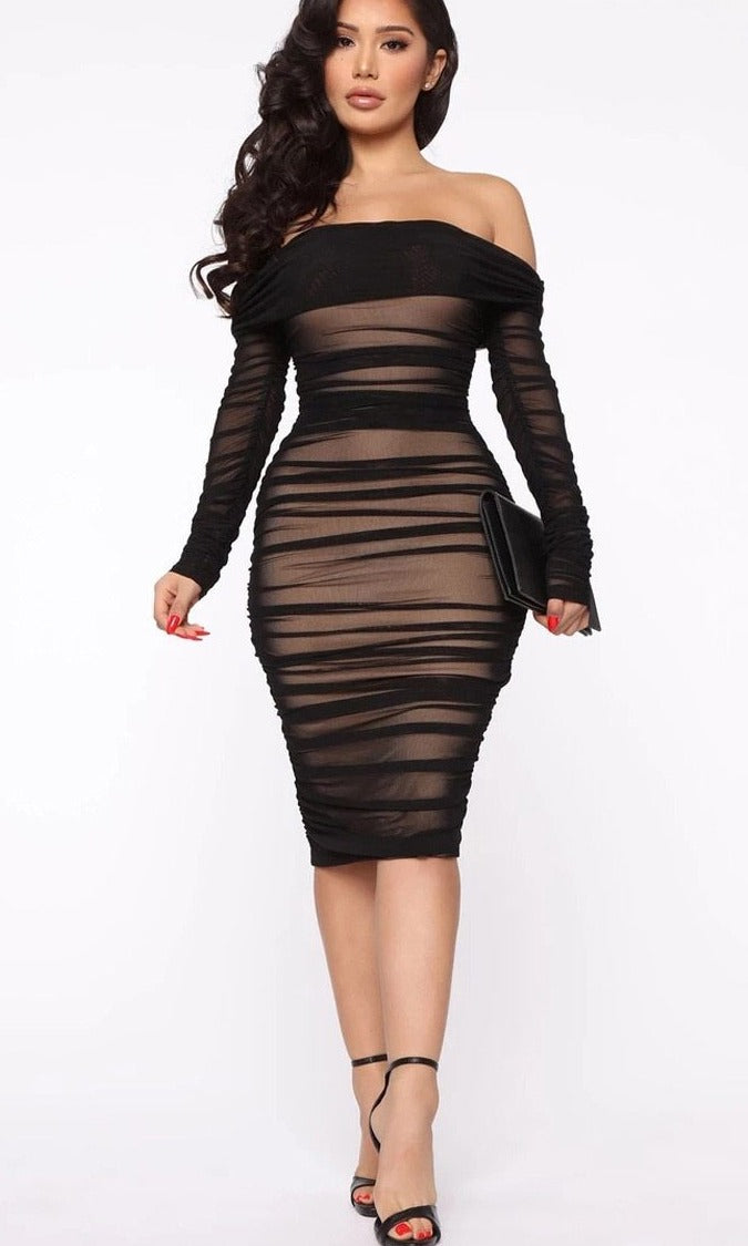 Double Layer Mesh Off Shoulder Dresses