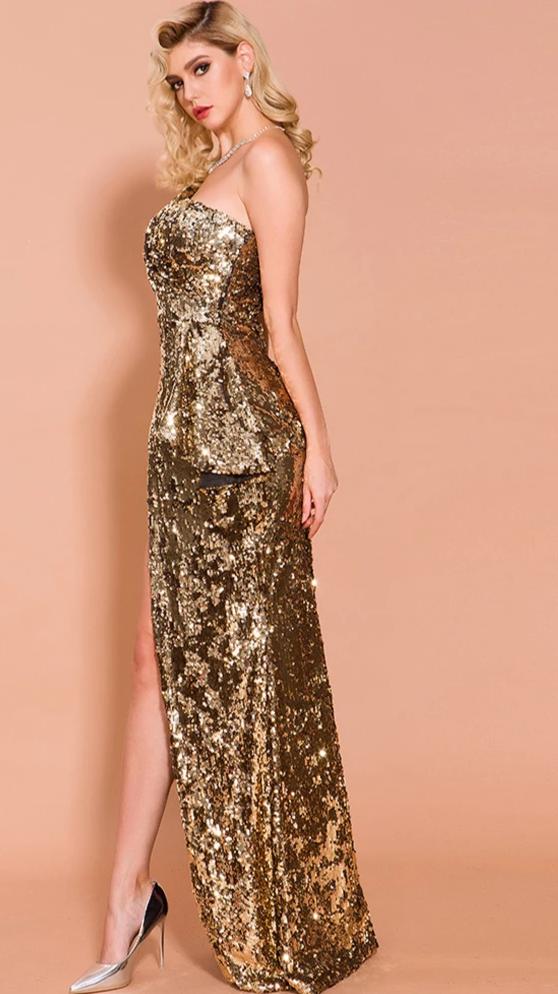 Gold Off Shoulder Backless High Split Sequin Maxi Dress