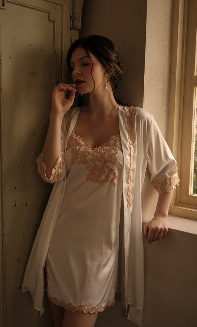 Lace Contrast Trim Night Slip Dress And Night Gown Sleepwear