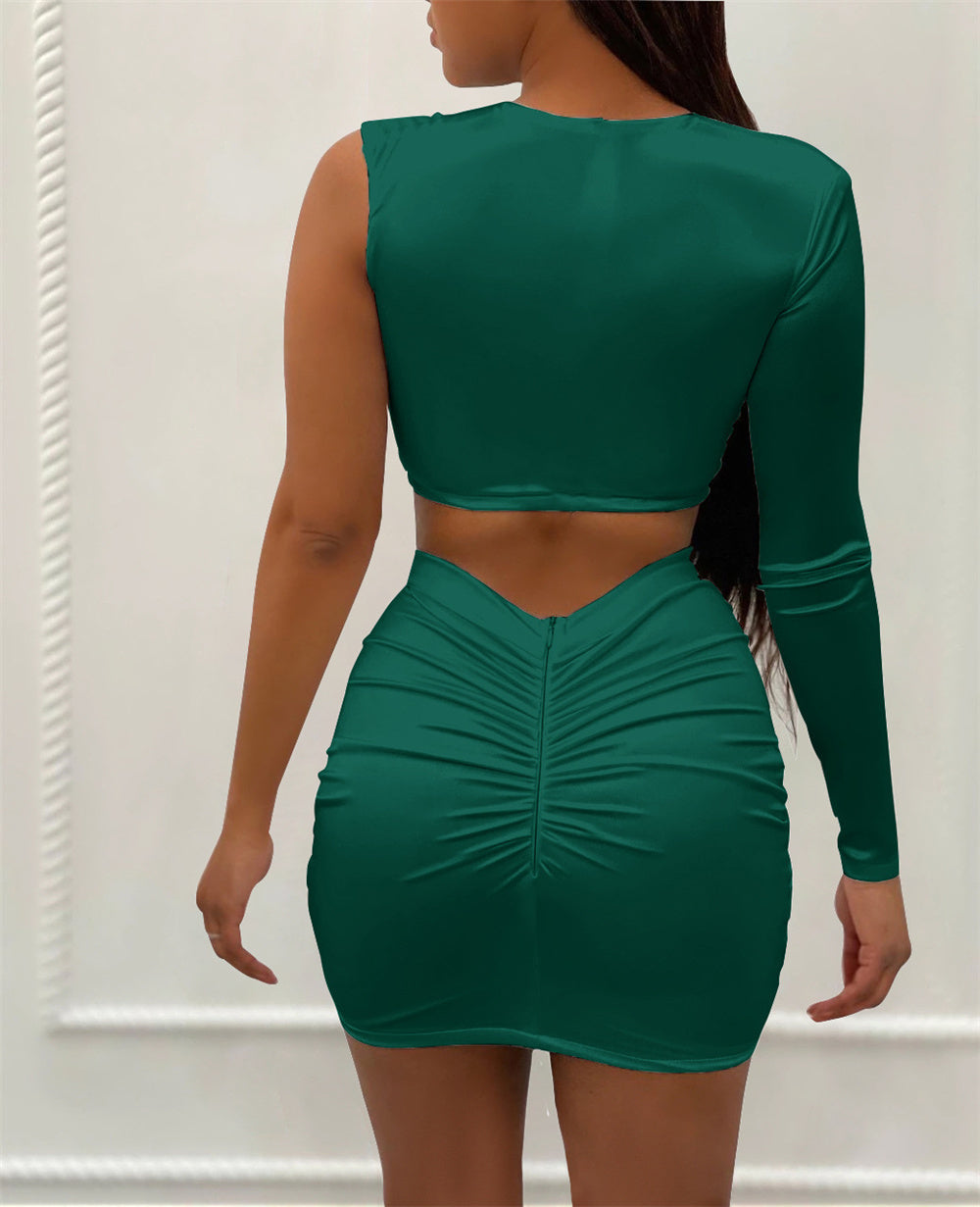 Mesh Hollow One Shoulder Crop & Bandage Mini Skirts