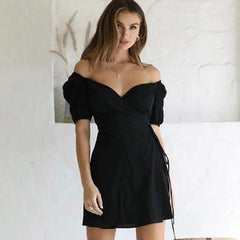 Black Front Wrap Short Sleeve Dress