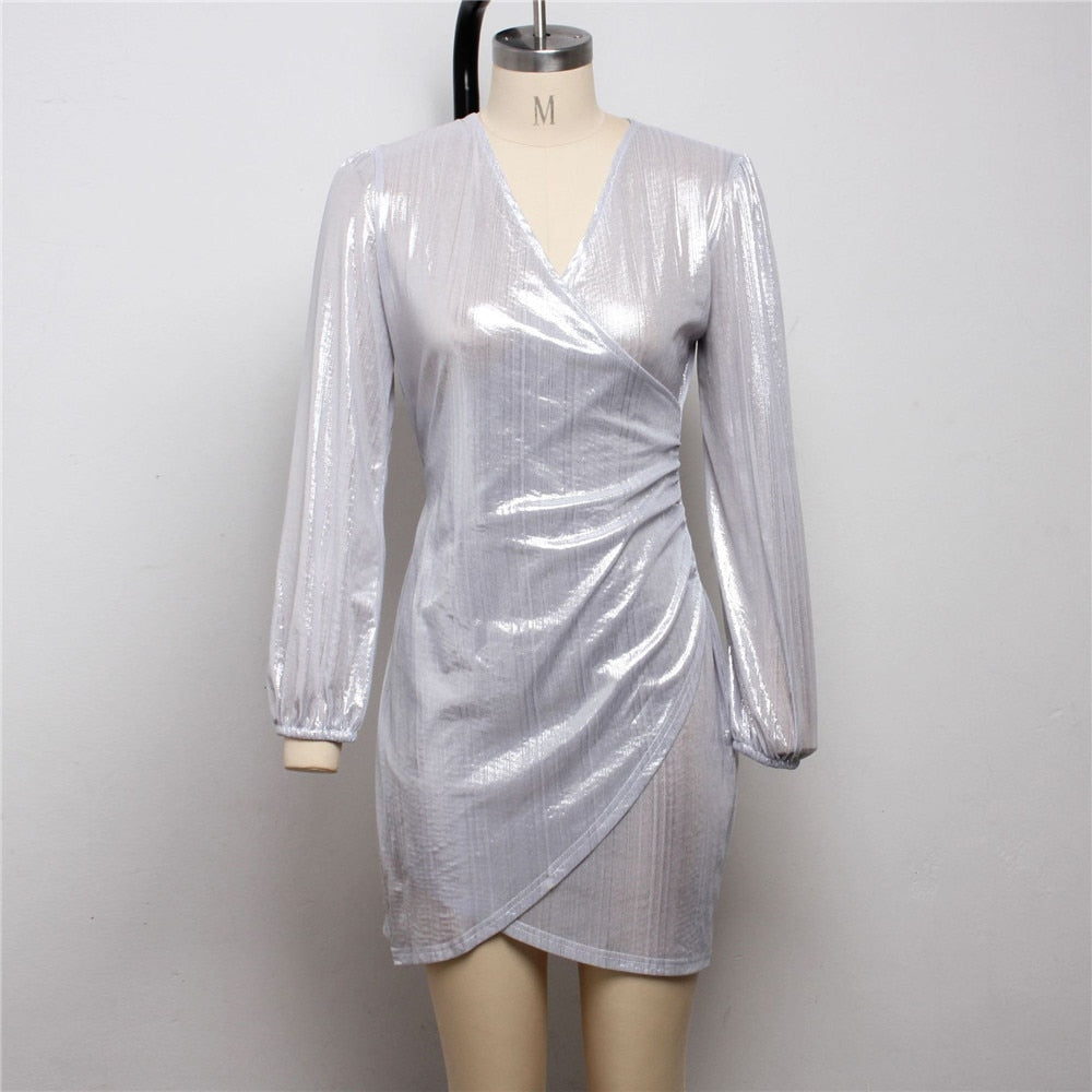 Glitter Metallic V-Neck Wrap Mini Dresses