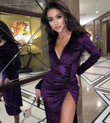 Sparkle Long Sleeve V Neck Side Slit Dresses