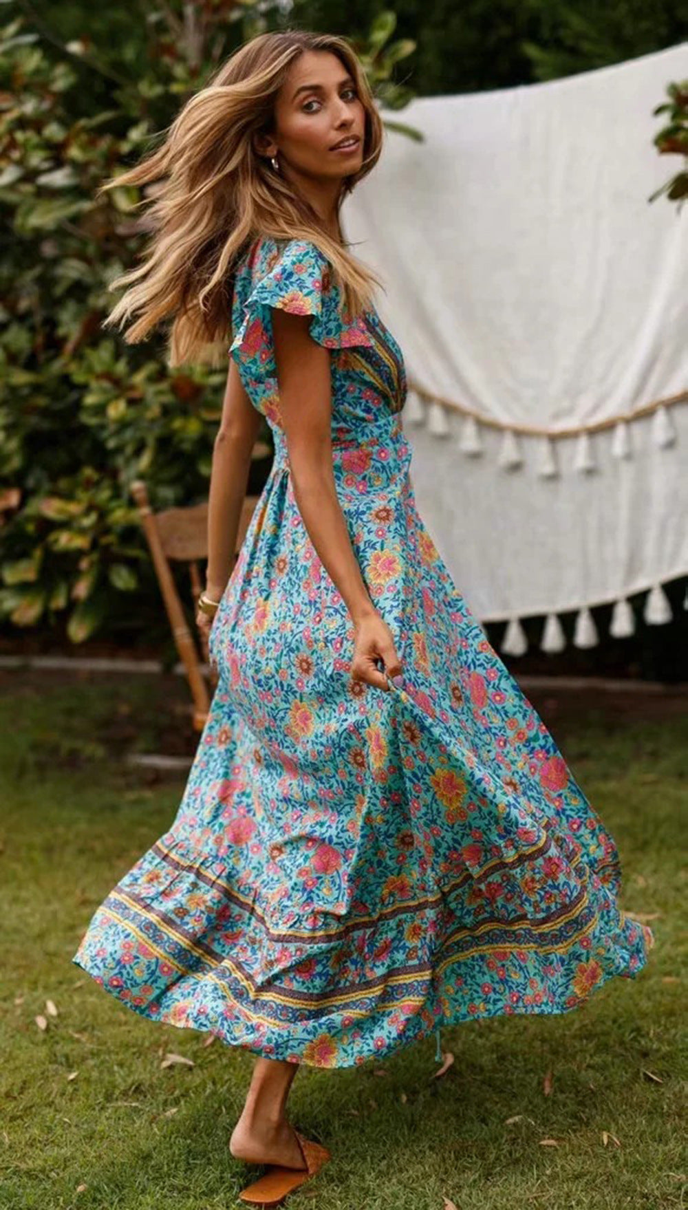 Vintage Floral Print Boho Short Sleeve Split Maxi Dresses