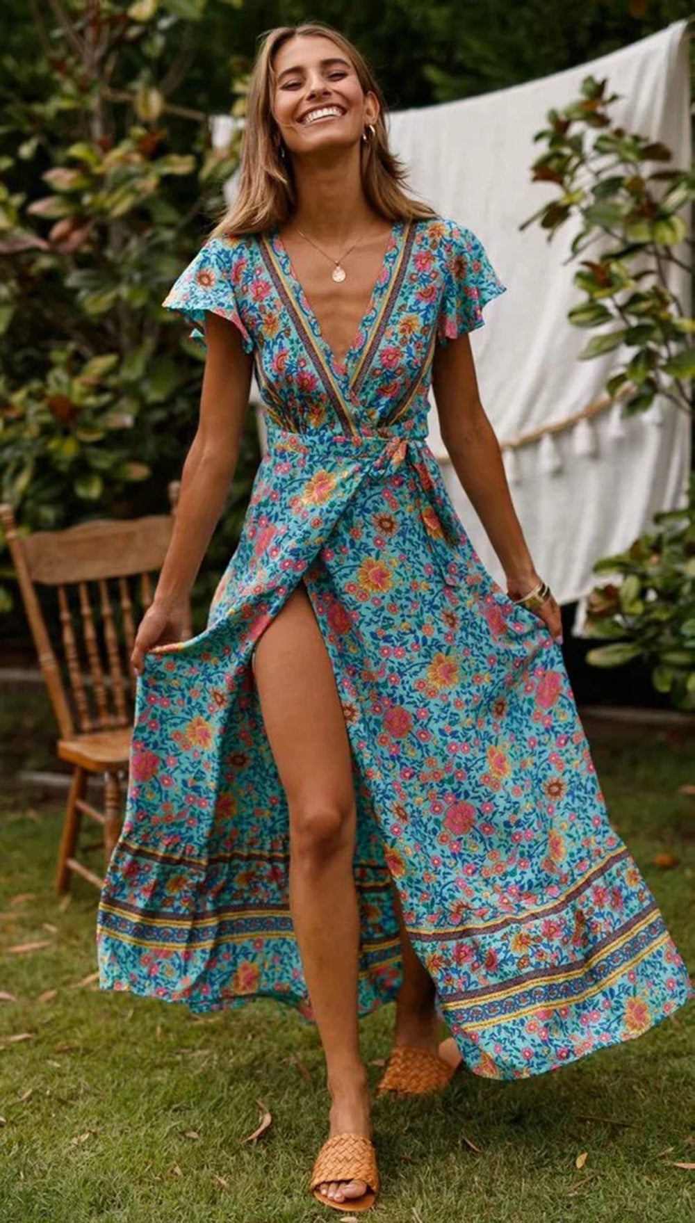 Vintage Floral Print Boho Short Sleeve Split Maxi Dresses