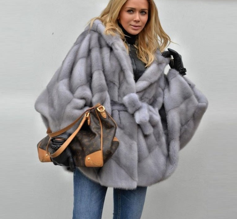 Batwing Sleeve Natural Gray Real Mink Fur Coats With Hood