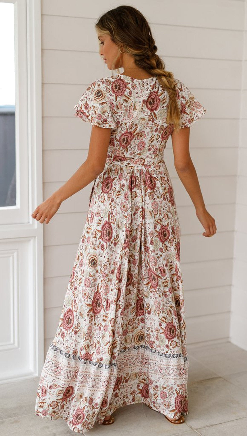 Vintage Floral Print Boho Short Sleeve Split Maxi Dresses