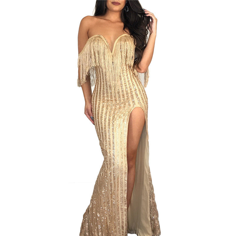 Sequin Off Shoulder Gold Tassel High Split Maxi Dresses