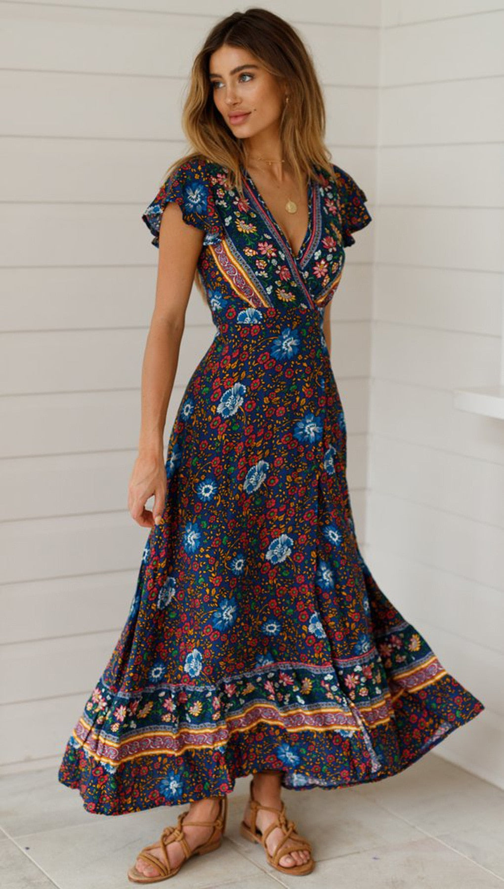 Vintage Floral Print Boho Short Sleeve Split Maxi Dresses