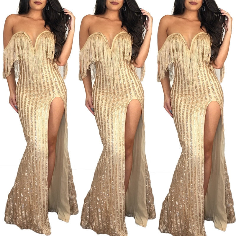 Sequin Off Shoulder Gold Tassel High Split Maxi Dresses