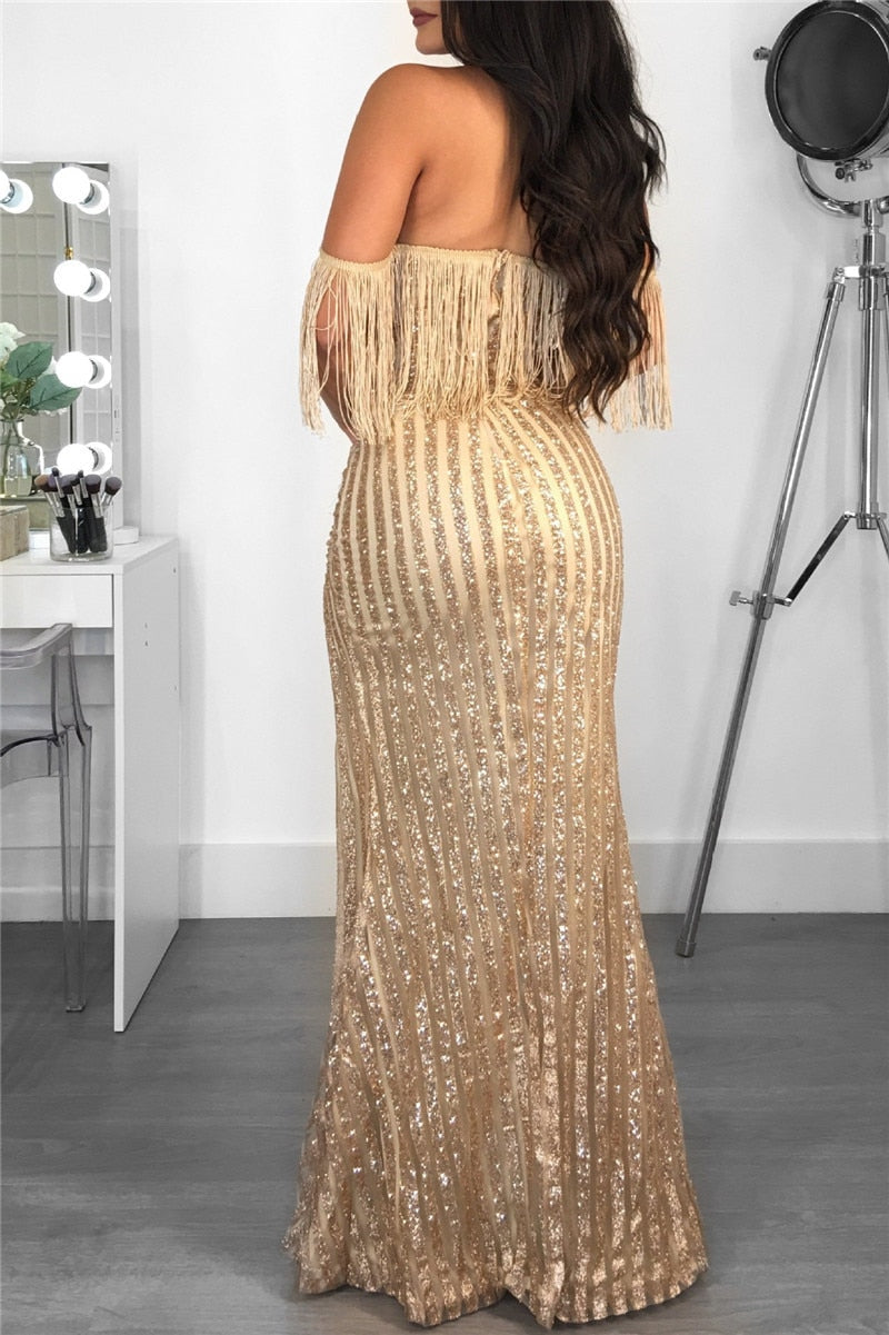 Sequin Off Shoulder Gold Tassel High Split Maxi Dresses